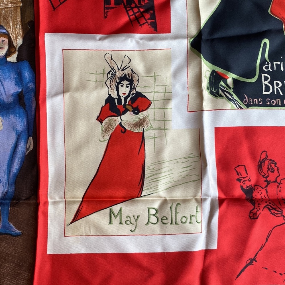 Toulouse Lautrec Moulin Rouge Art Themed Red Silk Scarf, 30” square - Picture 9 of 10